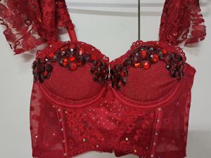 Adult Female Costumes to Hire - Red Bezaddled Crop Top - SMALL